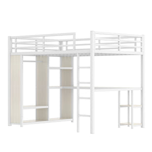 English Elm Queen Size Loft Bed Frame With Desk, Wardrobe & Storage Shelves – Stylish Space-Saving Solution! W1580S00179-GIGA