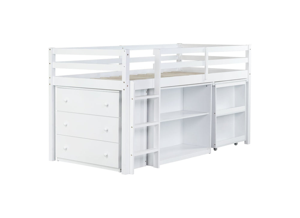 English Elm Twin Loft Bed With Storage Cabinets, Pull-Out Desk & Safety Guardrail - Modern Rubberwood Design W504S00202-GIGA