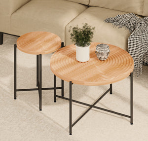 English Elm 2-Piece Rustic Coffee and End Table Set with Waterproof MDF Tops, Distressed Cylindrical Wood Look Natural Wood+Brown B2735P269979