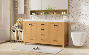 English Elm [video]59.3 Inch Wall Mounted Double Sink Vanity Wood Grain Mdf Soft Close Storage N729P000013O