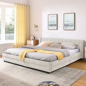 English Elm King Chenille Upholstered Platform Bed with Storage Drawers and Structured Headboard Beige W487S00414