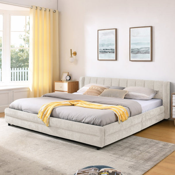 English Elm King Chenille Upholstered Platform Bed with Storage Drawers and Structured Headboard Beige W487S00414