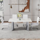 Hearth and Haven Modern Minimalist Dining Table. Imitation Marble Glass Sticker Desktop, Stainless Steel Legs, Stable and Beautiful. 4 White Leatherette Seats. 63 "x 35.4" x 29.5 "Dt-69 C-1162 W1151S00834