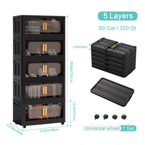 English Elm Black,24" Folding Storage Cabinet 4-Tier Collapsible Plastic Organizer with Wheels, Magnetic Door, Durable PP W2873P289712