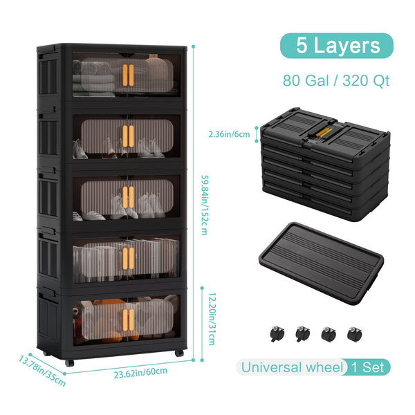 English Elm Black,24" Folding Storage Cabinet 4-Tier Collapsible Plastic Organizer with Wheels, Magnetic Door, Durable PP W2873P289712