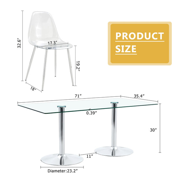 English Elm Table and Chair Set Tempered Glass Top with Six Transparent Seats for Modern Dining W1151S04556