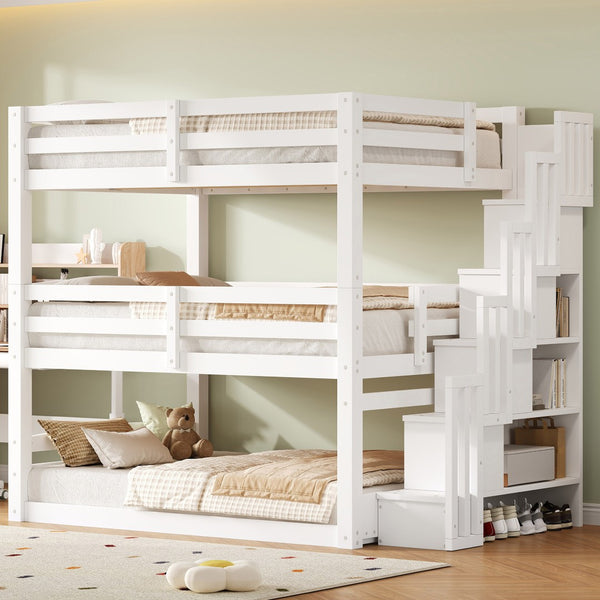 English Elm Full Size Triple Bunk Bed Solid Pine Frame with Storage Staircase Separate Convertible Design White N7090000477K