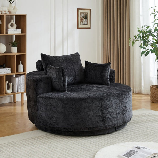 English Elm 55''l 55'l Chenille Swivel Lounge Chair Plush Foam Fill 360 Rotation Modern Living Room Black W834S00642
