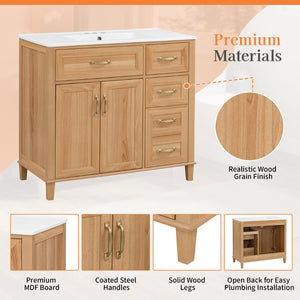 English Elm [video] 36 Inch Freestanding Bathroom Vanity with Ceramic Sink and Soft Close Storage N759P395344N