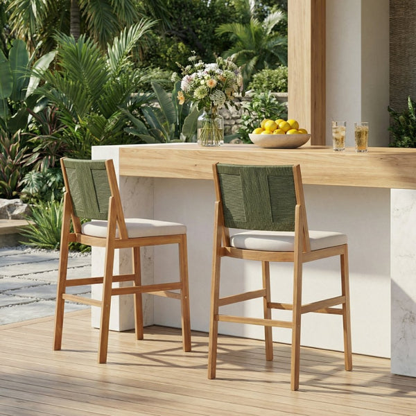 English Elm Outdoor Acacia Wood Barstools Set of 2 Wicker Back Patio Seating with Cushions Cream,Green,Teak N773P358719G