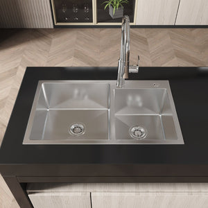 English Elm Stainless Steel Double Bowl Overmount Kitchen Sink with Nano Gray Satin Brushed Finish T3177P286041
