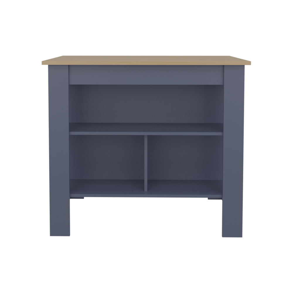 English Elm Arlington isla de cocina moderna con estantes abiertos, almacenamiento multifuncional en Kronos Fresno y Azul elegante y compacto B128P387090