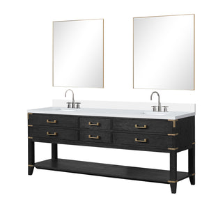 English Elm Black Oak Double Bath Vanity With White Quartz Top, Chrome Faucet, & Two 36" Mirrors For Luxury Spaces B2731S02206