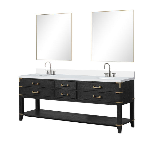 English Elm Black Oak Double Bath Vanity With White Quartz Top, Chrome Faucet, & Two 36" Mirrors For Luxury Spaces B2731S02206