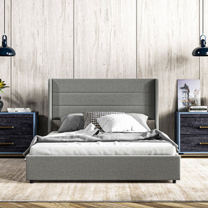 English Elm HOMCOM Full Size Bed Frame with LED RGB Headboard, Built-In Charging Station and 3-Tier Shelf Light Gray W2225P249913