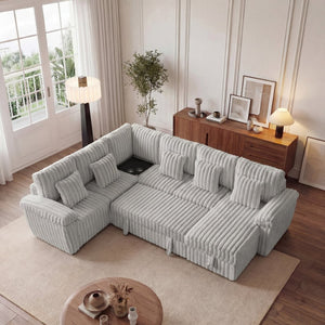 English Elm 110-inch U-shaped Corduroy Sectional with Sleeper Storage and Built-in Charging Table W2564S00053