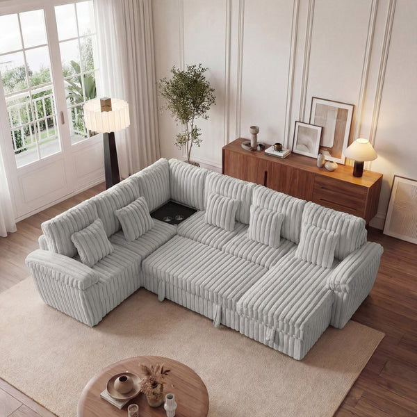 English Elm 110-inch U-shaped Corduroy Sectional with Sleeper Storage and Built-in Charging Table W2564S00053