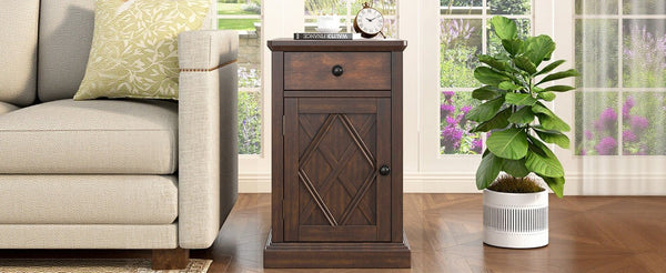 English Elm U-can Acacia Wood End Table with Usb Charging Station Drawer and Cabinet Storage Antique Espresso N724P353565P