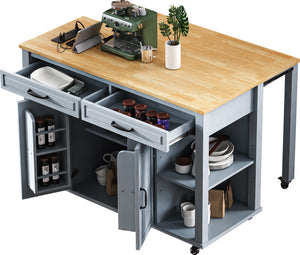 English Elm K&K 47 Inch Kitchen Island with Extendable Dining Table, Rolling Storage Cabinet, Built-In Power Grey+Blue N707P215327G