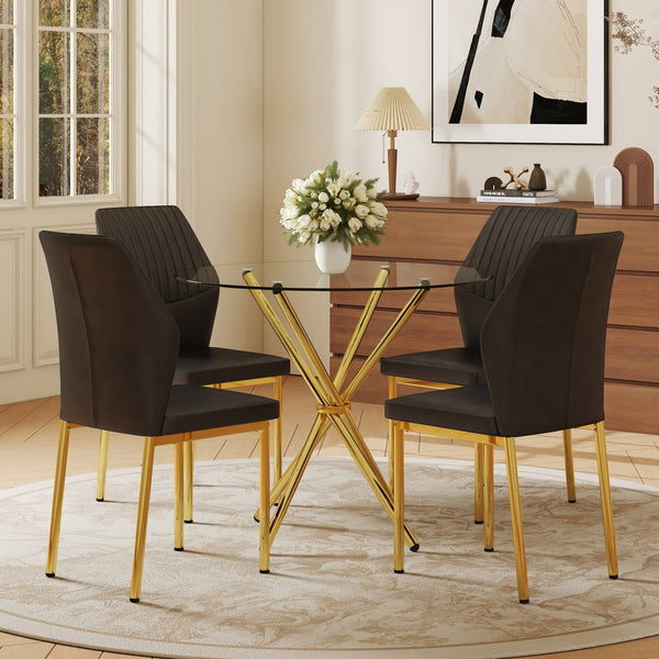 English Elm 4-Piece Dining Set: Modern Luxe Round Glass Table & Stylish Black-Gold Chairs For Chic Spaces W1151S03684