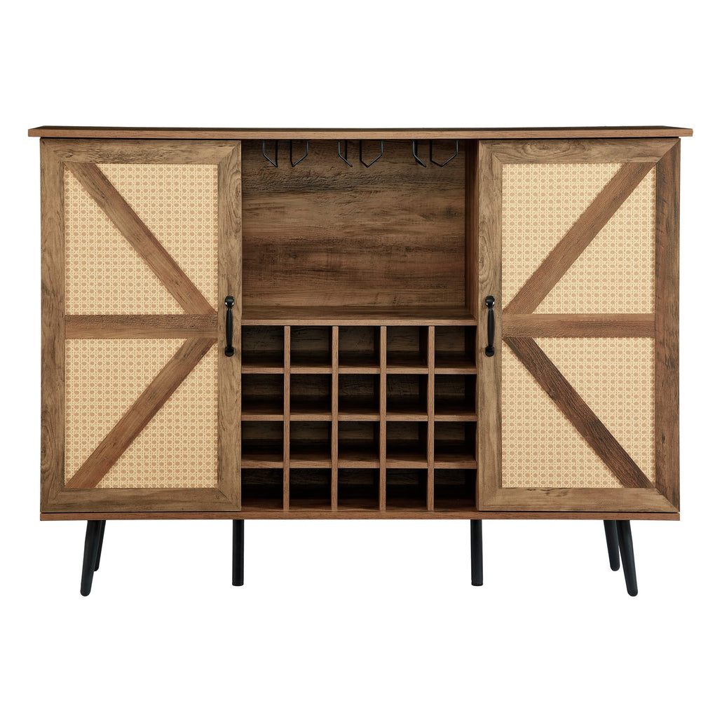 English Elm Oak Rustic Wine Cabinet with Faux Rattan Barn Doors, 20-Bottle Rack, Glass Holders, Adjustable Shelves W2702P183971