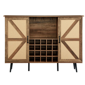 English Elm Oak Rustic Wine Cabinet with Faux Rattan Barn Doors, 20-Bottle Rack, Glass Holders, Adjustable Shelves W2702P183971