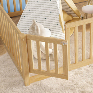 English Elm Queen Kids Floor Bed Pine Wood Frame with Safety Rails Door and Low Profile Design Natural W1580P417673