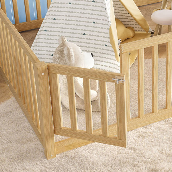 English Elm Queen Kids Floor Bed Pine Wood Frame with Safety Rails Door and Low Profile Design Natural W1580P417673