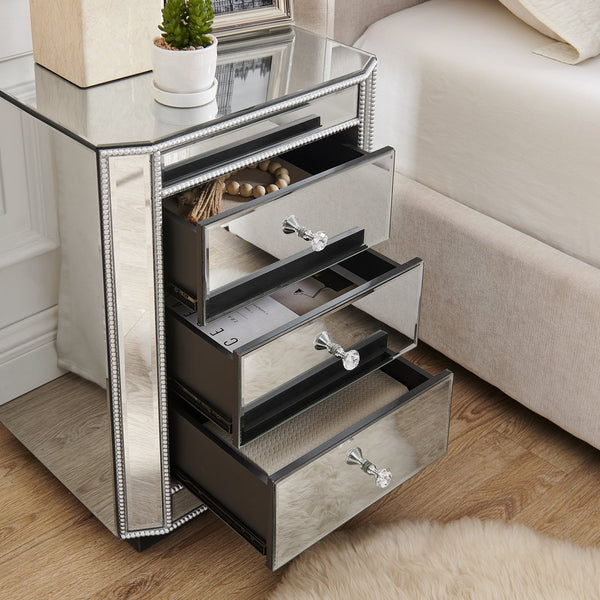English Elm 3-Drawer Mirrored Nightstand with Silver Beaded Trim, 3 Spacious Drawers, Crystal Knobs, Sturdy Chic W1005P366579