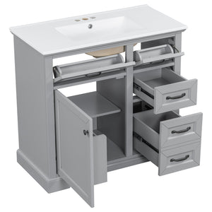 English Elm Christopher Knight Home® - 30" Bathroom Vanity with Sink Vintage Acacia Frame Ceramic Basin Soft-Close Doors & Storage Light Gray N759P313315E