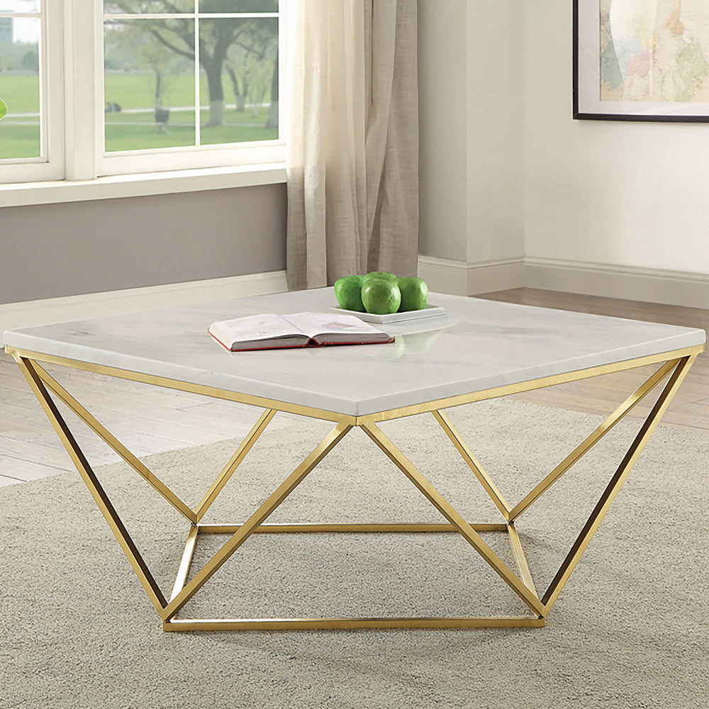 English Elm Orion White and Gold Coffee Table — Faux Marble Top, Geometric Brass Metal Base for Modern Living Room Elegance B062P353484