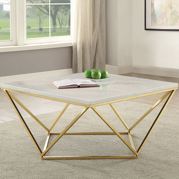 English Elm Orion White and Gold Coffee Table — Faux Marble Top, Geometric Brass Metal Base for Modern Living Room Elegance B062P353484