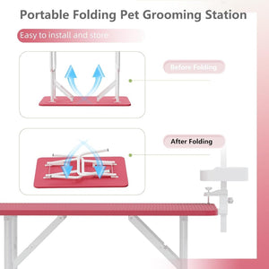 English Elm 47'' Foldable Dog Grooming Table X-lift Adjustable Height Station with Arm Noose Organizer Pink W3587P358729