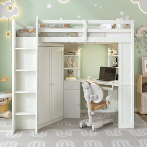 English Elm Twin Loft Bed with Wardrobe Desk Charging Station and Spotlights for Small Rooms Beige White LT000450AAK