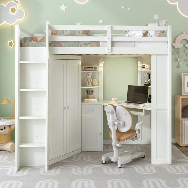 English Elm Twin Loft Bed with Wardrobe Desk Charging Station and Spotlights for Small Rooms Beige White LT000450AAK