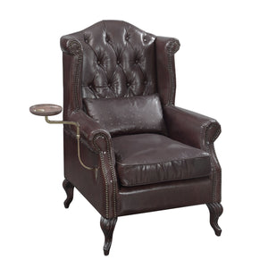English Elm Pino Vintage Brown Top Grain Leather Accent Chair with Buttoned Camelback, Nail-Head Trim, Toss Pillow B2726P242448