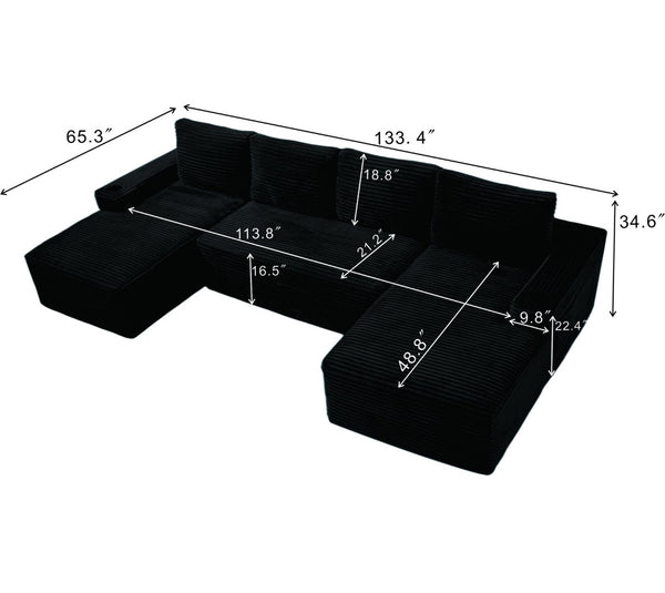 English Elm Compressible Corduroy U-shaped Sectional Cloud Sofa Modular Living Room Couch Black W5515S00027