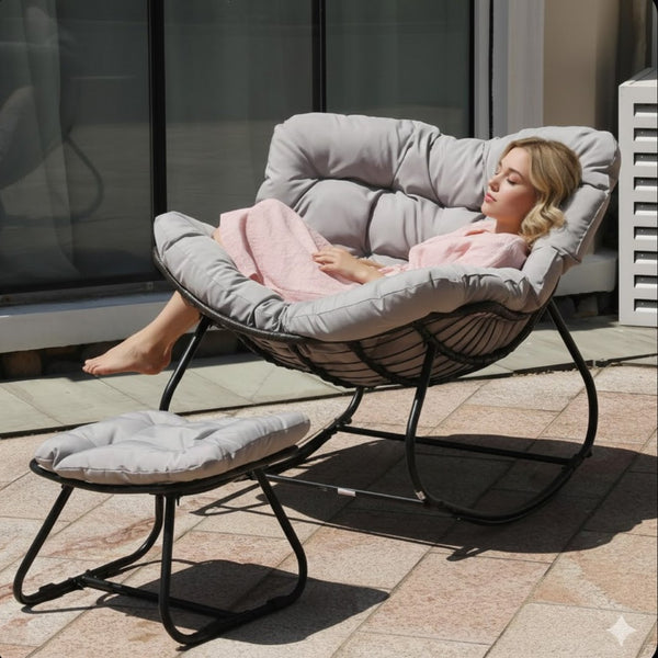 English Elm Dark Wicker Egg Rocking Chair with Ottoman Outdoor Pe Woven Patio Lounge Set Light Gray B082P455171
