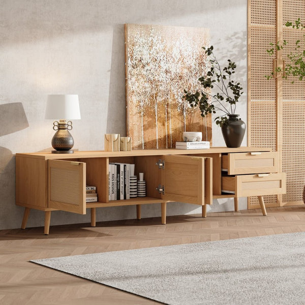 English Elm 70inch Rattan Door Media Console with Pine Legs and Cable Management for Living Room N710P365047P