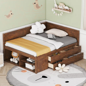 English Elm Full Size Daybed with Storage Drawers Open Shelves Low Profile Contemporary Frame Walnut LP102023AAD