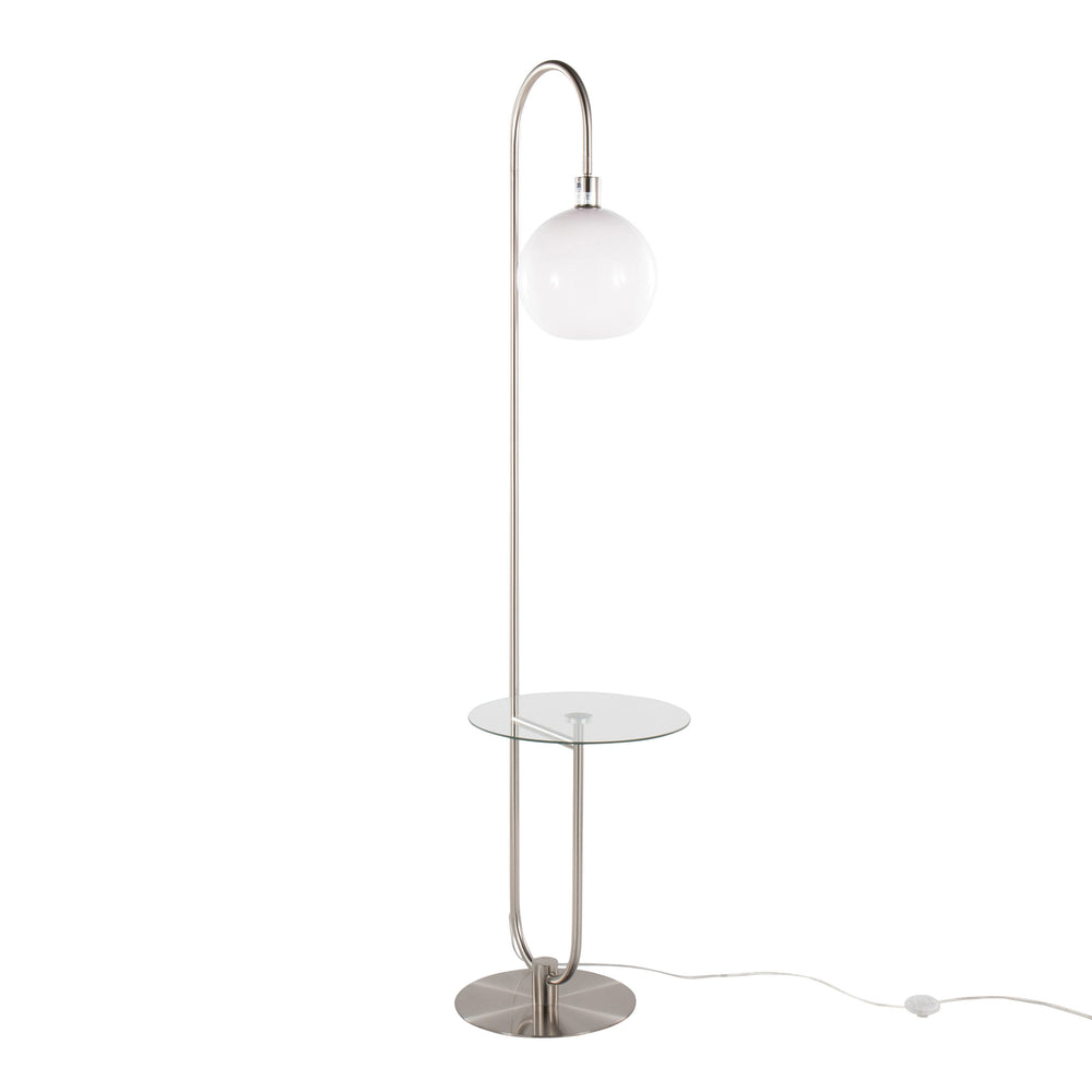 English Elm Trombone Nickel Floor Lamp with Clear Tempered Glass Shelf & White Sconce – Compact Glam Accent Light B202P224196
