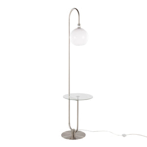 English Elm Trombone Nickel Floor Lamp with Clear Tempered Glass Shelf & White Sconce – Compact Glam Accent Light B202P224196