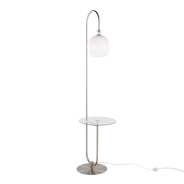 English Elm Trombone Nickel Floor Lamp with Clear Tempered Glass Shelf & White Sconce – Compact Glam Accent Light B202P224196
