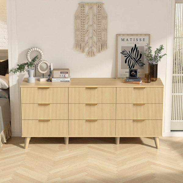 English Elm 9 Drawer Fluted Wood Dresser with Bohemian Texture for Bedroom Nursery or Entryway T3773P415598