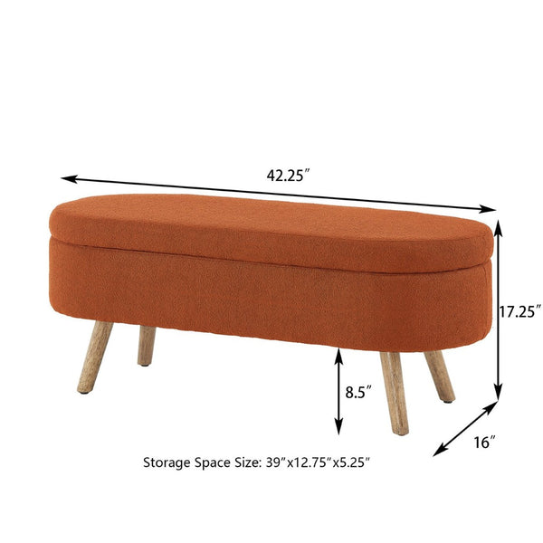 English Elm Luxury Boucle Oval Ottoman Bench with Hidden Storage Rubberwood Legs Entryway Seat Orange W2186P430720