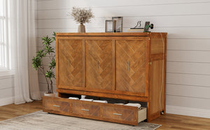 English Elm Queen Murphy Cabinet Bed Pine Wood Geometric Panels Usb Charging Guest Room Storage W504S00303