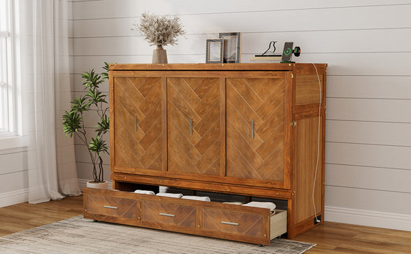 English Elm Queen Murphy Cabinet Bed Pine Wood Geometric Panels Usb Charging Guest Room Storage W504S00303