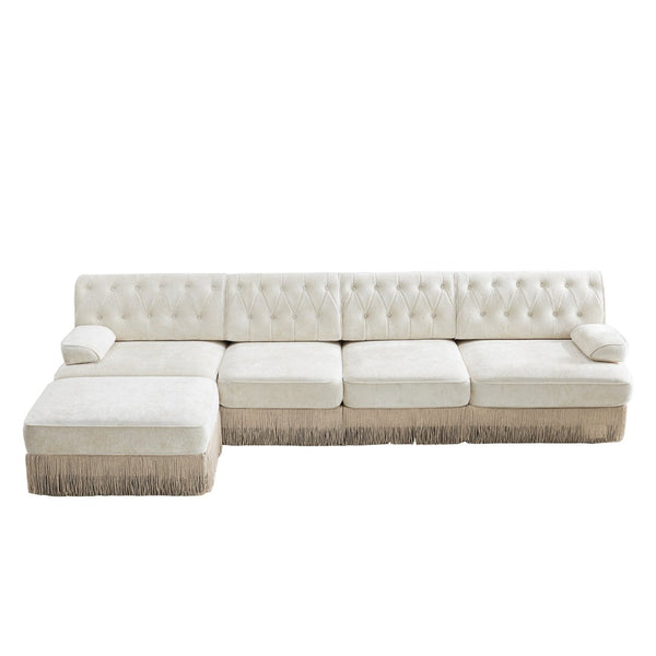 English Elm 135" Modular Velvet Sectional Sofa Chesterfield Tufted Tassel Skirt Living Room W714S01689