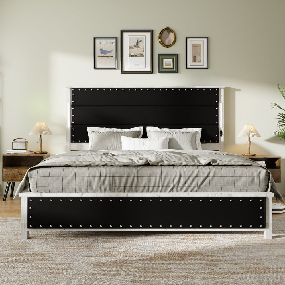 English Elm King Upholstered Bed Frame with LED Lights & Charging Station, Rivet Detail, Wood Slat Platform Antique White+Gray W636P176753