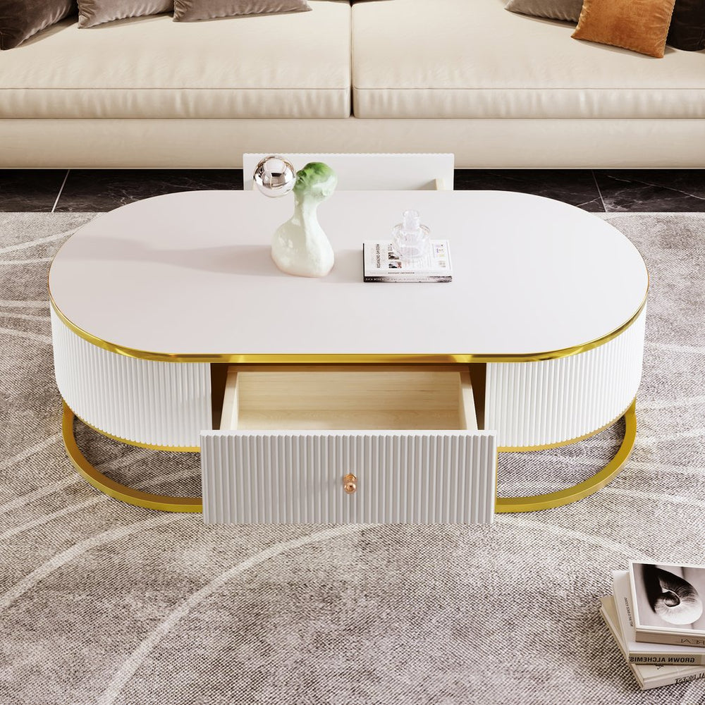 English Elm Modern Oval Coffee Table with Drawers and Gold Base, High-Gloss White Finish, Durable 47.2" Centerpiece N735P192897K